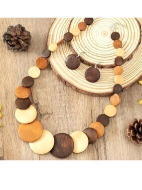 Necklace & Earrings 3pc Set Natural Wood Circle Boho Style Casual Trendy Fashion